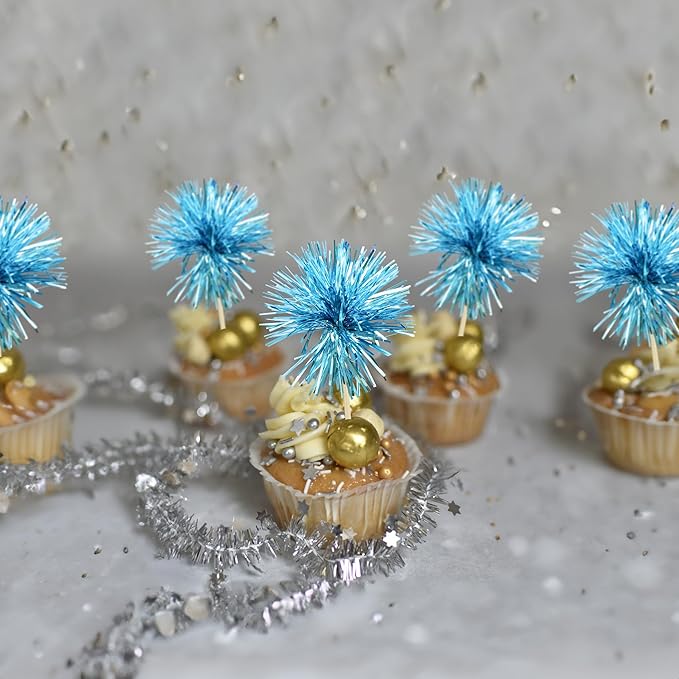 Gyufise 30Pcs Foil Firework Cupcake Toppers Sparkle Tinsel Cake Toppers Tinsel Drink Cake Decoration Cocktail Picks for Birthday Wedding Graduation Party Supplies Lake Blue