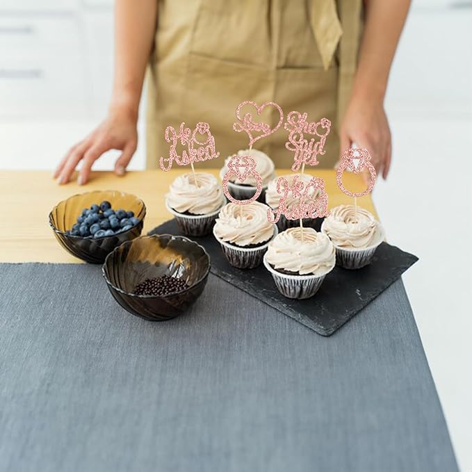 Gyufise 24Pcs Rose Gold He Asked She Said Yes Cupcake Toppers Diamond Ring Heart Cake Picks for Wedding Engagement Party Cake Decorations