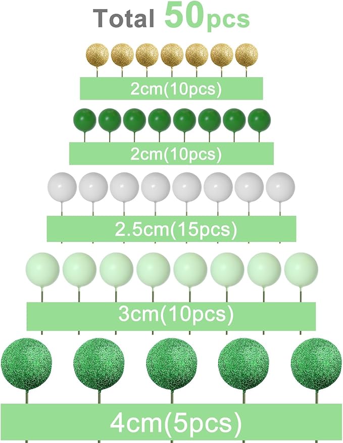 ASTARON 50 Pcs Ball Cake Topper Sticks Mini Balloons for St Patrick's Cake Decorating Supplies Foam Balls Cake decorations for Christmas Baby Shower Birthday Cake Decorations (Green Series)
