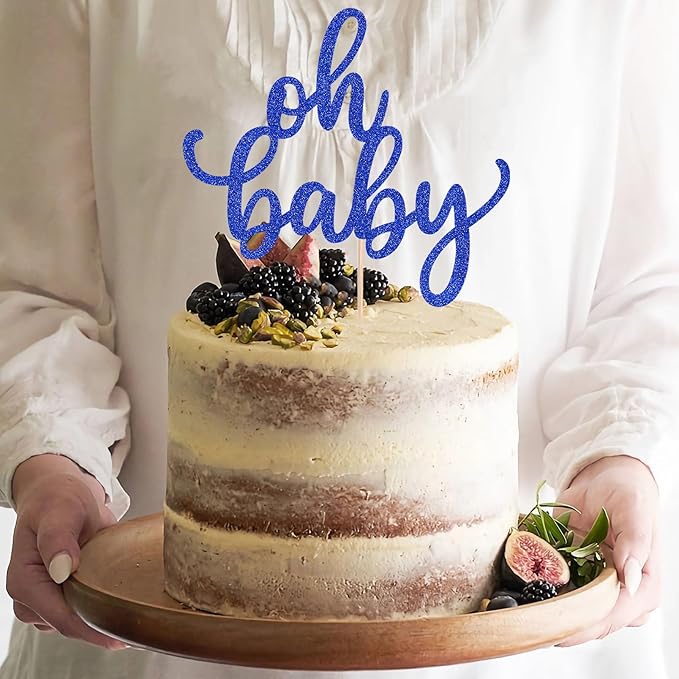 Oh Baby Cake Topper - Glitter Roval Blue Baby Shower Cake Decoration Supplies, for Baby Shower/Gender Reveal Party/Baby Birthday Party Photo Booth Props