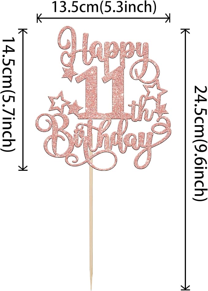 1 PCS Happy 11th Birthday Cake Topper Glitter Cheers to 11 Years Birthday Cake Pick Hello 11 Fabulous Cake Decoration for Happy 11th Birthday Anniversary Party Decorations Supplies Rose Gold