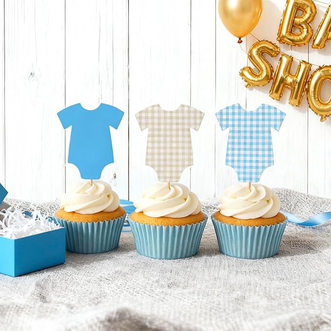 ALISSAR 36 Pcs Blue Gingham Cupcake Toppers - Baby Shower Decorations for Boys, Bodysuit & Cupcake Toppers, Diaper Cake Decor, Gender Reveal Party Supplies