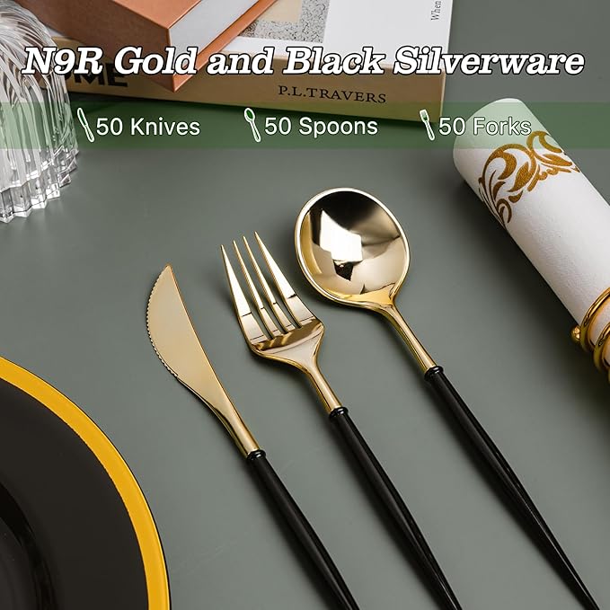 N9R 150Pcs Gold Plastic Silverware - Gold Disposable Cutlery Set with Black Handles with 50 Forks, 50 Spoons and 50 Knives - Perfect for Parties,Halloween, Birthdays, Wedding and Everyday Use