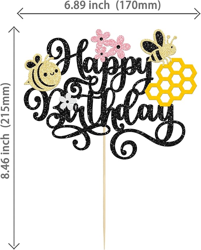 1 Pack Happy Bee Day Cake Topper Bumble Bee Happy Birthday Cake Decoration for Bee Theme Baby Shower Kids Boys Girls Birthday Party Cake Decorations Supplies Black