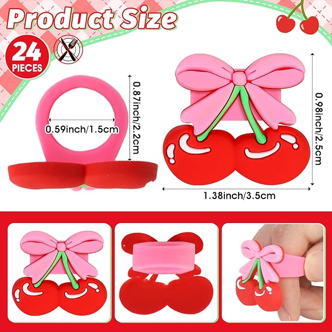 24 PCS Cherry Cupcake Toppers Pink Bow Cake Toppers Bowknot Cupcake Topper Ring She's the Cherry On Top Cake Decoration for Birthday Baby Shower Wedding Bridal Shower Party Supplies