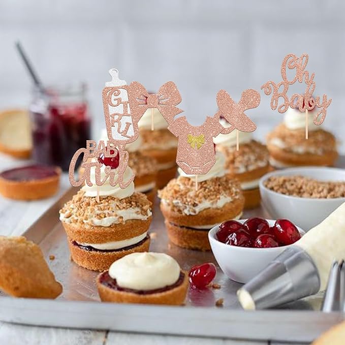 24 Pack It's a Girl Cupcake Toppers Glitter Pacifier Onesie Jumpsuit Bow Gender Reveal Cupcake Picks Welcome Baby Shower Cake Decorations for Baby Girl Birthday Theme Party Supplies Rose Gold