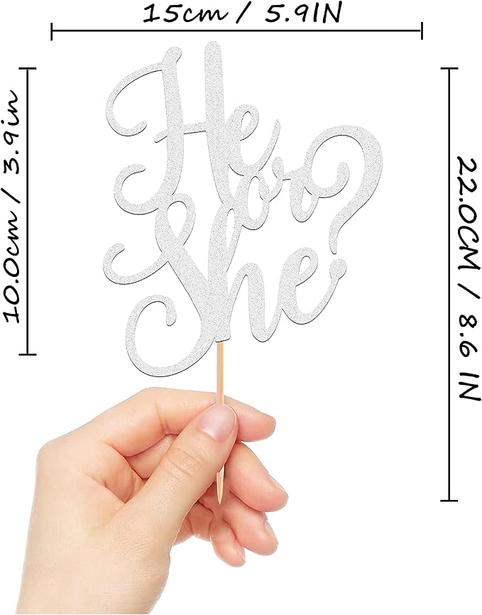 He or She Cake Topper - Glitter Silver Gender Reveal Cake Topper Decorations, Suitable for Baby Shower Favors, Baby Gender Reveal, Baby Birthday Party or Baby Photo Booth Props (Silver)
