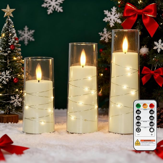Raycare Flameless Candle with Remote Timer, 3 Flickering Acrylic Battery Operated LED Pillar Candles with Embedded Star String for Christmas, Home Decor, and as a Gift(Ivory)