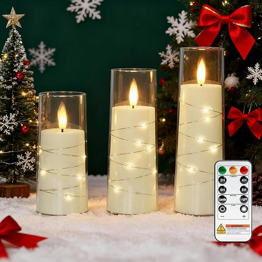 Raycare Flameless Candle with Remote Timer, 3 Flickering Acrylic Battery Operated LED Pillar Candles with Embedded Star String for Christmas, Home Decor, and as a Gift(Ivory)