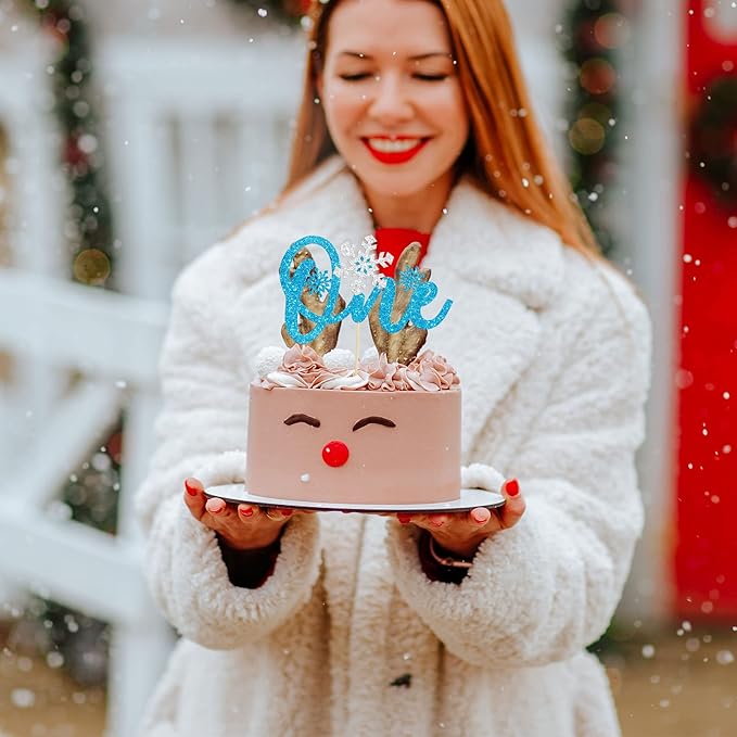 1 Pack Snowflake One Cake Topper Glitter Baby Shower Winter Snowflake First Birthday Cake Topper Decorations for Winter Frozen Theme Baby Shower 1st Birthday Party Supplies Blue