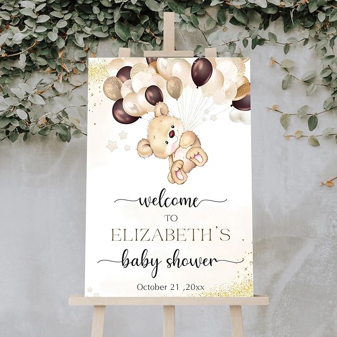 Custom Baby Shower Welcome Sign, Welcome Baby Shower Sign With Stand, Baby Shower Welcome Sign, Twinkle Little Star Baby Shower Decor, Bear And Balloon Baby Shower Sign Decorations
