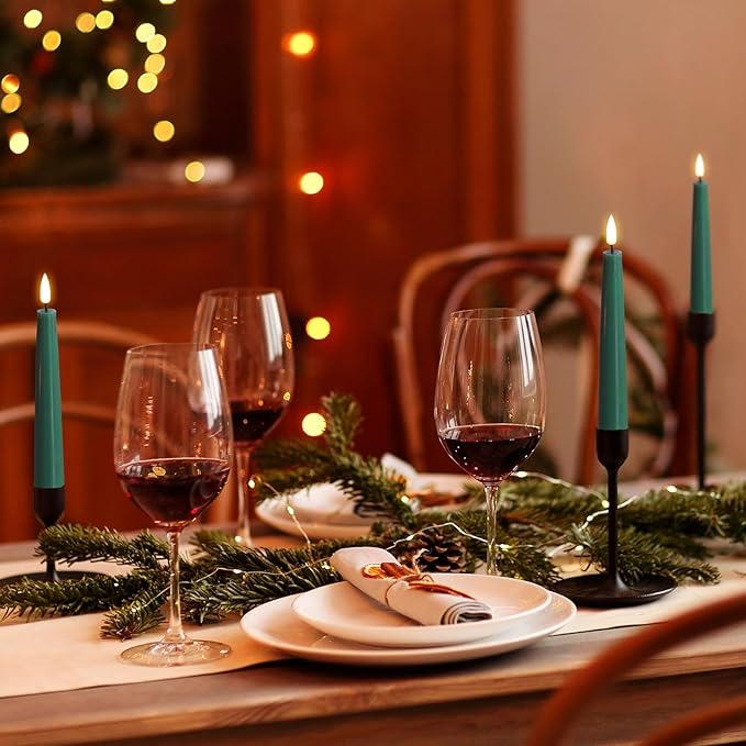 Eywamage Short Green Flameless Taper Candles with Remote, Flickering Christmas Battery LED Wax Candlesticks Set of 6