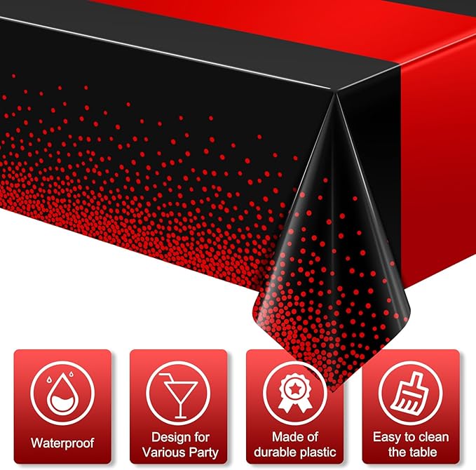 MASHAN 12Pcs Black and Red Tablecloth Party Decorations,Plastic Black Table Cloth Printed Red Table Runner Disposable Rectangle Cover for Birthday Weeding Anniversary Graduation Party,54 x108 Inch