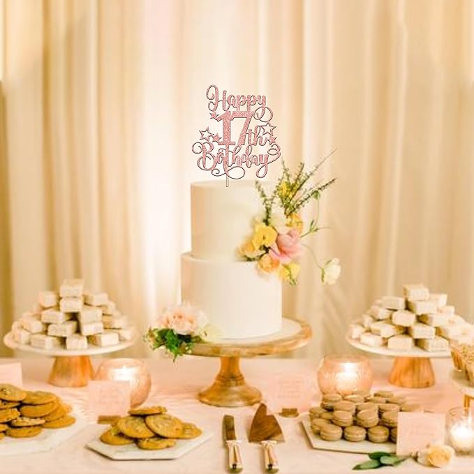 1 PCS Happy 17th Birthday Cake Topper Glitter Cheers to 17 Years Birthday Cake Pick Hello 17 Fabulous Cake Decoration for Happy 17th Birthday Anniversary Party Decorations Supplies Rose Gold