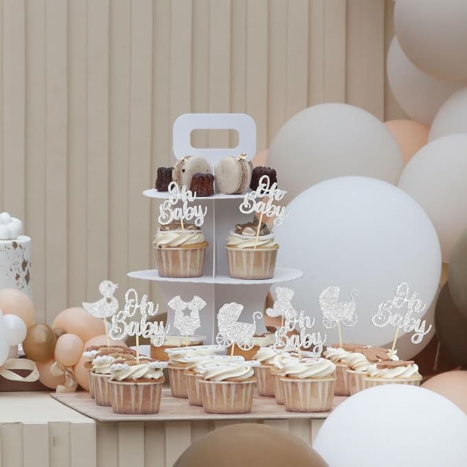 Gyufise 36Pcs Oh Baby Cupcake Toppers Glitter Pacifier Baby Carriage Bear Baby Shower Cupcake Picks for Gender Reveal Baby Shower Kids Birthday Party Supplies Silver