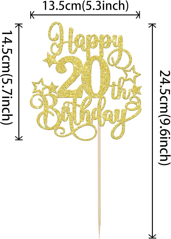 1 PCS Happy 20th Birthday Cake Topper Glitter Cheers to 20 Years Birthday Cake Pick Hello 20 Fabulous Cake Decoration for Happy 20th Birthday Anniversary Party Decorations Supplies Gold