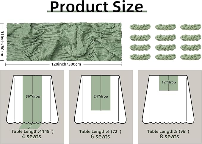FEXIA 12 Pack Sage Green Table Runner 35x120 Inches for Baby Shower Decoration Gauze Rustic Boho Table Runner for Wedding Party First Communion Centerpiece Engagement Bridal Shower Boho Decoration
