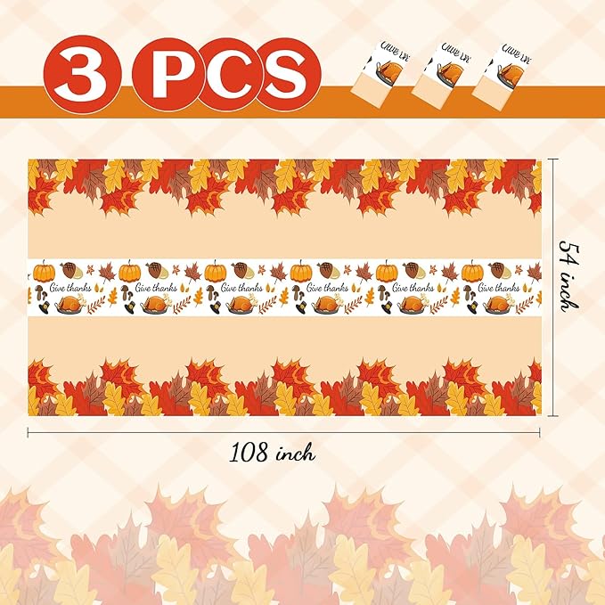 Childom Thanksgiving Tablecloth, 3 Pack Disposable Plastic Tablecloth 54" x 108" Thanksgiving Decorations, Autumn Maple Leaf Party Table Cover, Fall Harvest Party Decor for Outside,Picnic,Home,Dinner