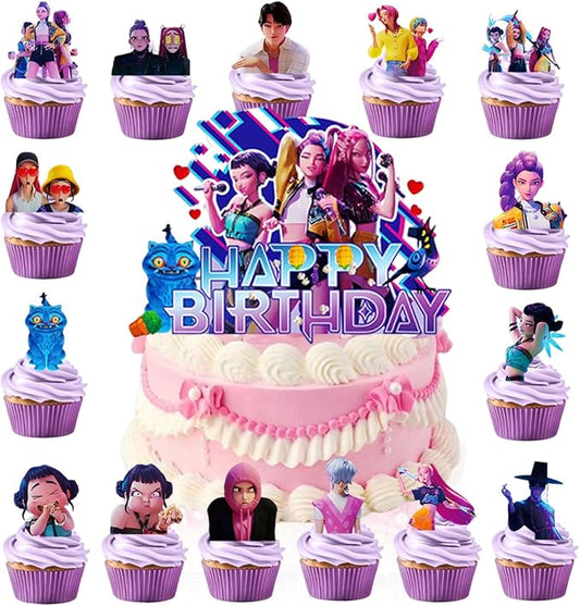 16Pcs Cute Anime Cake Decorations with 15pcs Cupcake Toppers, 1pcs Happy Birthday Cake Topper, Cartoon Themed Party Supplies, Perfect for Birthday Party Decorations
