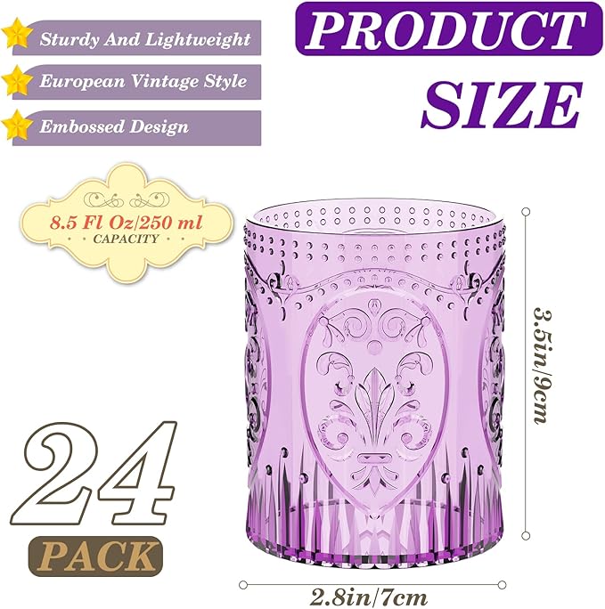 24 Plastic Vintage Drinking Glasses 8.5oz Stemless Retro Embossed Wine Glasses Shatterproof Reusable Cups for Baby Shower Wedding Reception Grand Event Party (Purple)
