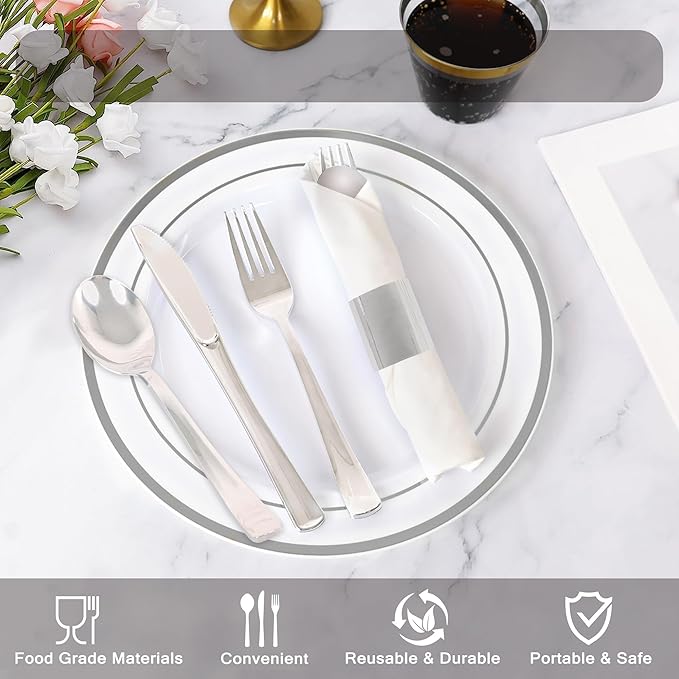50 Pack Pre Rolled Silver Plastic Silverware Set,Wrapped Plastic Cutlery Set with Napkin Include 50 Forks,50 Spoons,50 Knives and 50 White Napkins for Party, Wedding,Christmas