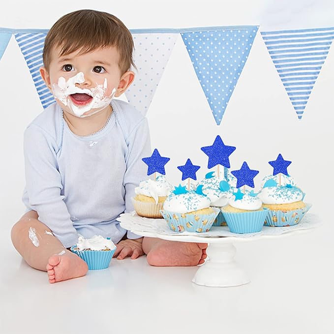 30 PCS Little Star Cupcake Toppers Glitter Twinkle Star Cupcake Picks Wedding Engagement Bridal Shower Baby Shower Birthday Party Cake Decorations Supplies Mixed Size Deep Blue