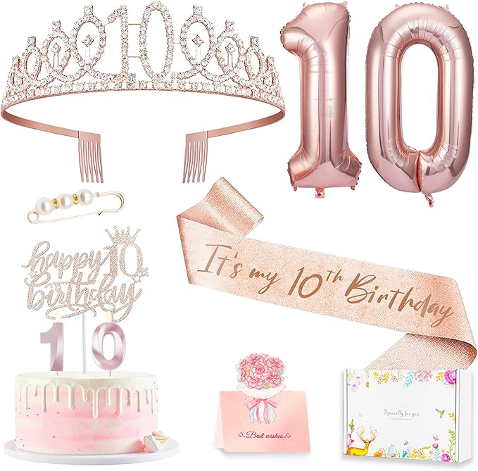 10th Birthday Decorations for Girl, 10th Birthday Sash and Crown, Cake Topper, Number Candles and Balloons, 10 Year Old Gifts for Girls