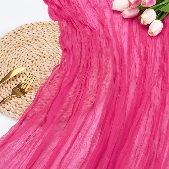 FEXIA 3 Pack Rose Red Table Runner 35x120 Inches for Baby Shower Decoration Gauze Rustic Table Runner for Wedding Party First Communion Centerpiece Engagement Bridal Shower Boho Decoration