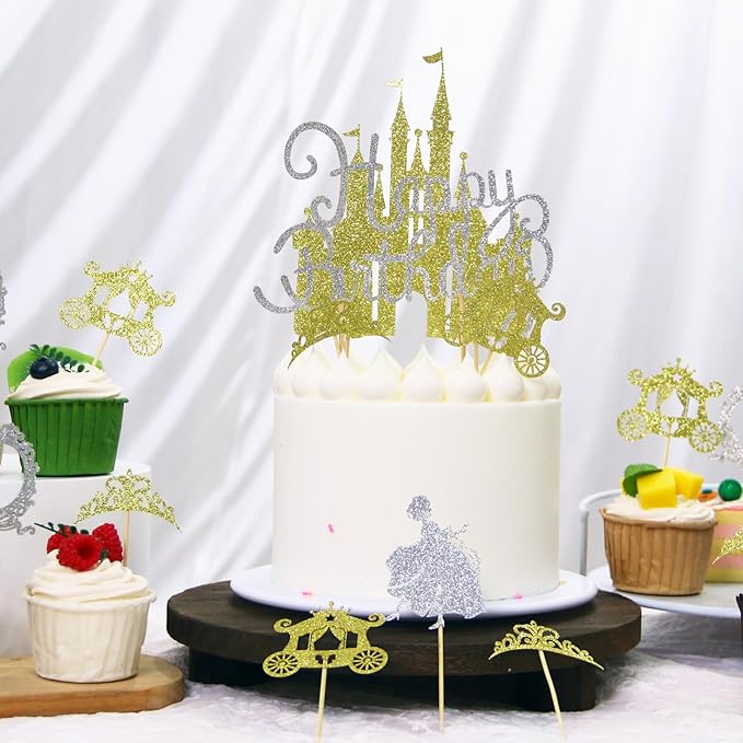 26pcs Gold Castle Cake Toppers Glitter Princess Prom Crown Cupcake Toppers for Princess Birthday Party Decorations Baby Shower Cake Decorations Supplies