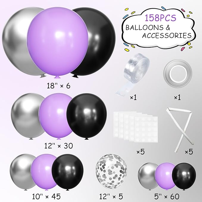 Black Purple and Silver Balloons Arch Kit, 146 Pcs Matte Black Light Purple Confetti Chrome Silver Balloons for Graduation Birthday Party Baby Shower Wedding Decorations