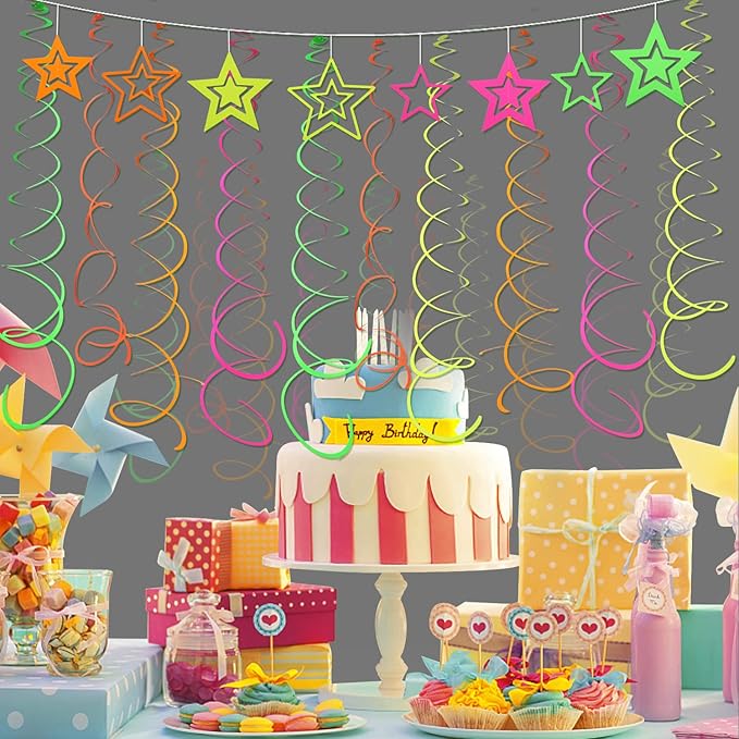 54 Pieces UV Hanging Swirl Paper Star Garlands Neon Streamers Glow Party Supplies and Decorations Black Light UV Reactive for Dark Glow Wedding Birthday Party Favors