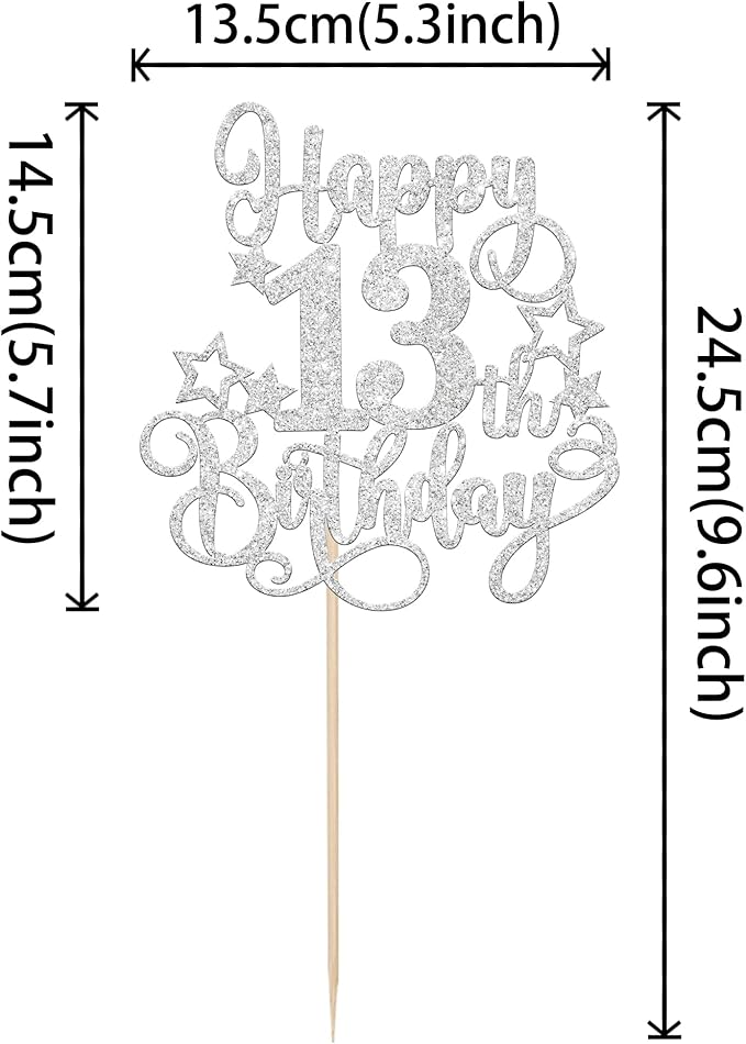 1 PCS Happy 13th Birthday Cake Topper Glitter Cheers to 13 Years Birthday Cake Pick Hello 13 Fabulous Cake Decoration for Happy 13th Birthday Anniversary Party Decorations Supplies silver