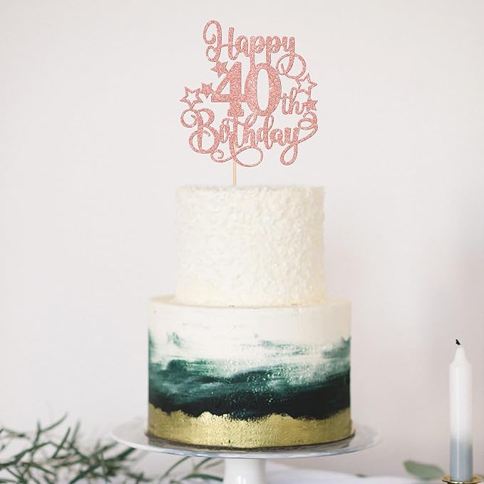 1 PCS Happy 40th Birthday Cake Topper Glitter Cheers to 40 Years Birthday Cake Pick Hello 40 Fabulous Cake Decoration for Happy 40th Birthday Anniversary Party Decorations Supplies Rose Gold