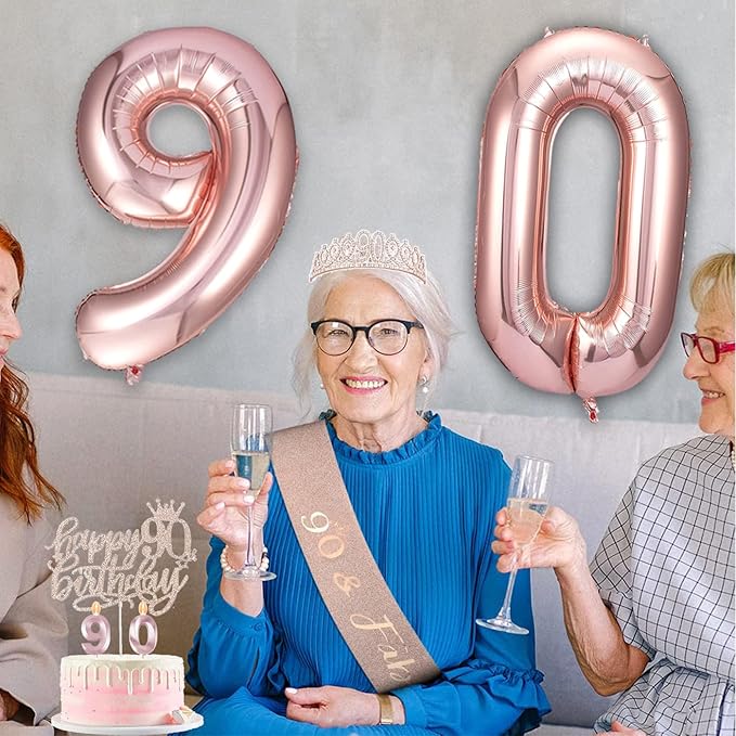 90th Birthday Decorations Gifts for Women, Including 90 year old Birthday Cake Topper, Queen Sash with Pearl Pin, Sweet Rhinestone Tiara Crown, Number Candles and Balloons Set, Rose Gold