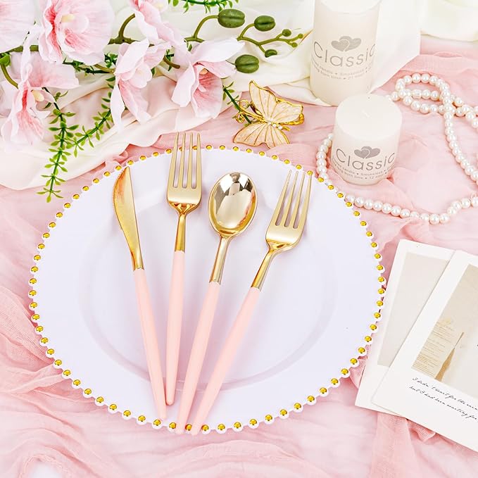 Supernal 102Pcs Pink Plastic Silverware, Gold Disposable Utensils with Pink Handle, Elegant Gold Plastic Silverware Set Includes 34 Forks, 34 Spoons and 34 Knives for Party & Wedding, Mother's Day