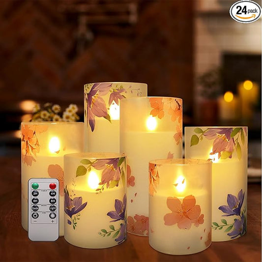 6Pack Flameless LED Candles with Remote Control and Timer-Floral Pillar Battery Operated Candle -(D3 X 4”5”6”) for Home décor, Wedding,Dinner,Holiday