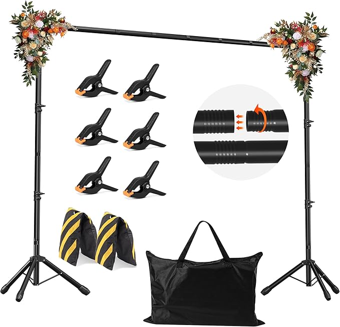 JSungo Backdrop Stand, Adjustable 10x7.5 FT Background Stand Backdrop for Parties, Photo Video Studio, Portable Photography Backdrop Stand with Carrying Bag, 6 Backdrop Clamps, and 2 Stand Bags