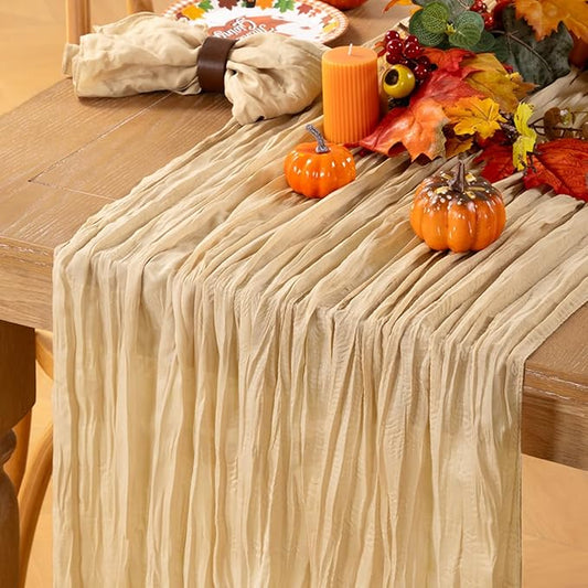 MLMC Champagne Cheesecloth Table Runner 10ft Sand Rustic Gauze Cheese Cloth Table Runner 35x120 Inches for Farmhouse Cozy Holiday Outdoor Events Home Decor