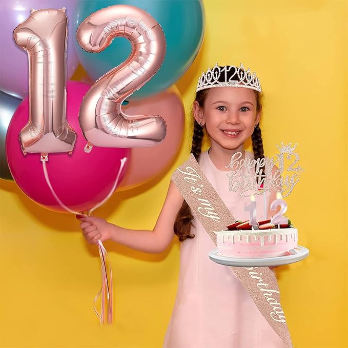 12th Birthday Decorations for Girls, Including 12 year old Cake Topper, Birthday Queen Sash with Pearl Pin, Sweet Rhinestone Tiara Crown, Number Candles and Balloons Set, Rose Gold