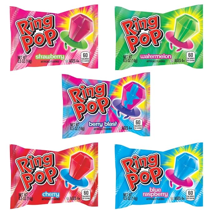 Ring Pop Candy, Christmas Lollipops, 50 Ct Party Favors in Assorted Fruity Flavors - Full Size, Bulk Variety Pack, Individually Wrapped Hard Candy For Stocking Stuffers, Holiday Candy Bowls, Gifts