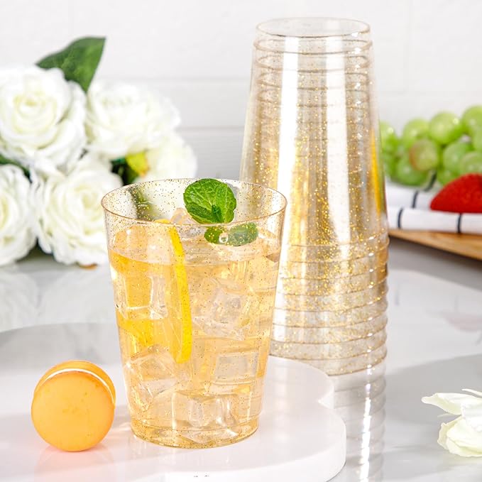 I00000 60 Pack 10oz Gold Plastic Cups, Premium Disposable Gold Glitter Plastic Cups for Martini and Cocktail,Hard Clear Disposable Cup with Gold Glitter Perfect for Fancy Wedding and Elegant Party Cup