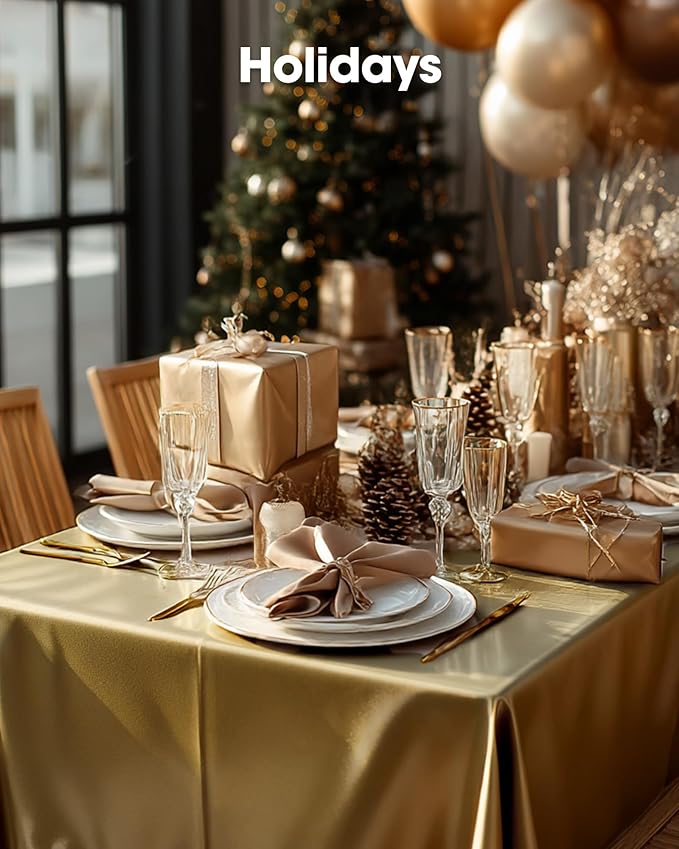 Pureegg Plastic Table Cloth Disposable 6 Pack, 54 x 108 Inch Table Cloths, Graduation Decorations, Thanksgiving, Christmas Tablecloths, Rectangle, Plastic Cover, Waterproof, Gold