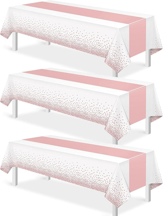 3Pcs White and Rose Gold Tablecloth Party Decorations,Plastic White Table Cloth Printed Rose Gold Table Runner Disposable Rectangle Cover for Birthday Anniversary Wedding Grad Party,54 x108 Inch