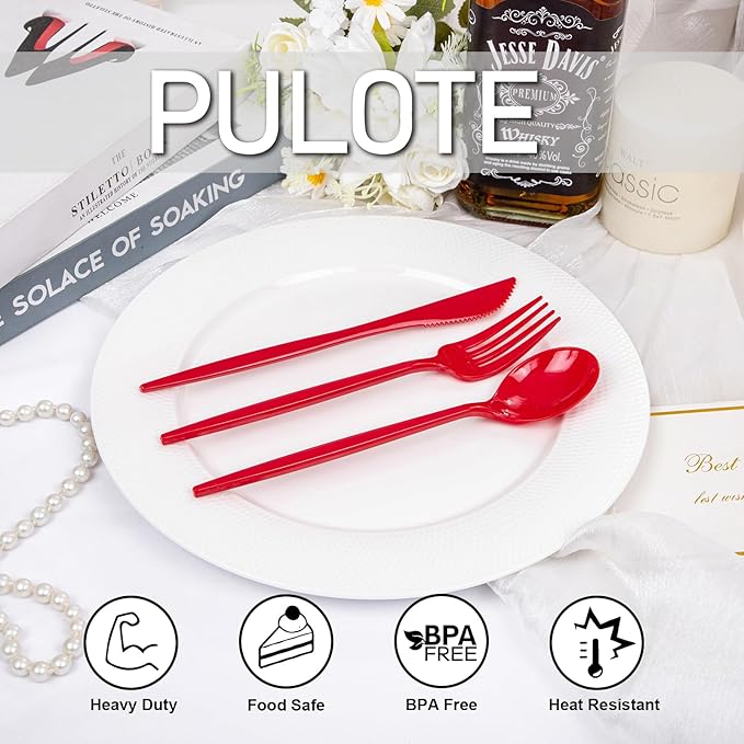 PULOTE 150PCS Red Plastic Silverware Set - Heavy Duty Plastic Cutlery - Red Utensils Disposable Include 50 Forks, 50 Spoons, 50 Knives for Party & Christmas