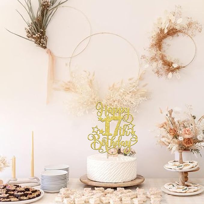 1 PCS Happy 17th Birthday Cake Topper Glitter Cheers to 17 Years Birthday Cake Pick Hello 17 Fabulous Cake Decoration for Happy 17th Birthday Anniversary Party Decorations Supplies Gold