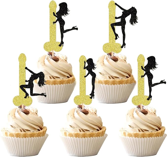 ZitTRo 28 Pcs Pole Dancing Girl Cupcake Toppers, Black-gold Glitter Pole Bachelorette Cupcake Picks, Pole Dancers Cupcake Decorations for Night Out Hen Movie Party，Valentine's Day