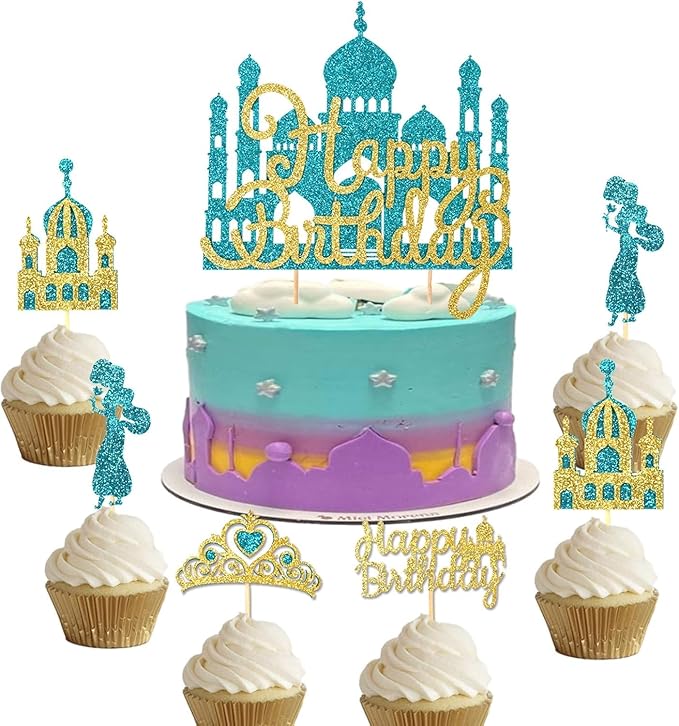 26Pcs Glitter Princess Cake Topper Set with Lake Blue Castle Gold Happy Birthday Cake Toppers Crown Cupcake Topper for Arabian Princess Birthday Baby Shower Costume Party Decor