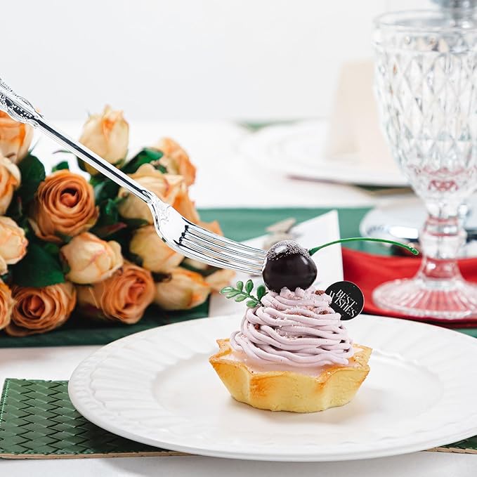 N9R 120PCS Silver Plastic Silverware, Heavy Duty Plastic Cutlery for Parties, Fancy Disposable Flatware Set Includes 40 Forks, 40 Spoons, and 40 Knives, Perfect for Weddings, Dinners, Picnics, Party