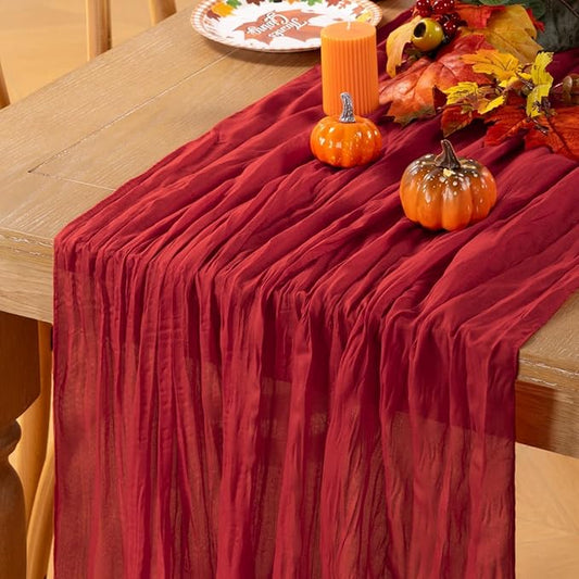 MLMC Red Table Runner 10ft Boho Gauze Cheesecloth Table Runner Rustic Cheese Cloth Decor 35x120 Inches for Wedding Reception Home Winter Christmas Valentine's Day Decor