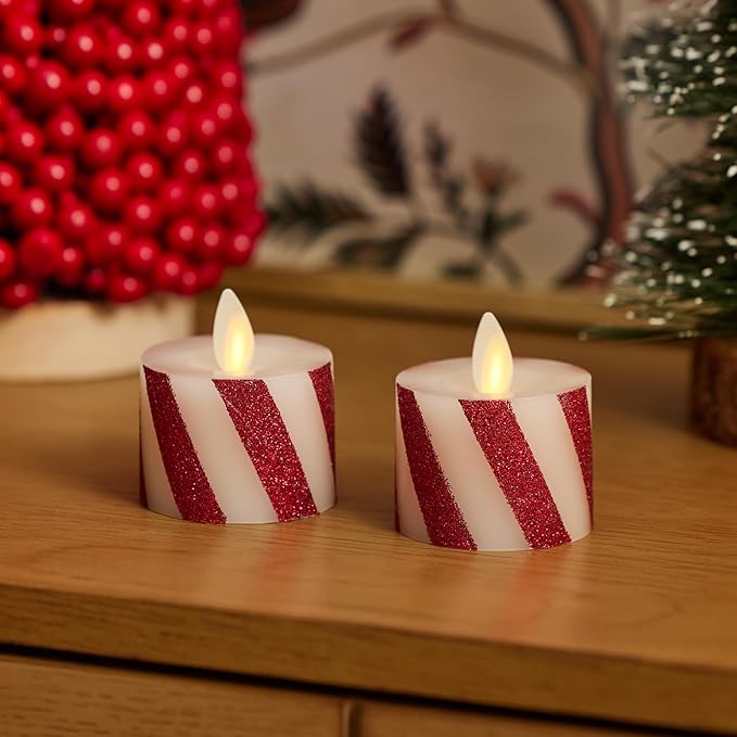 Luminara 2-Pack Moving Flame LED Flameless Tealight (1.4" x 2") Battery Operated Plastic LED Flameless Tea Light Smooth (Candy Cane Red)